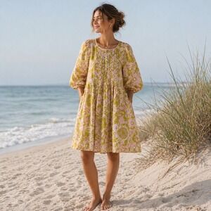 WHIT Floral Pintuck Mini Dress Womens XS Pink Organic Cotton Babydoll